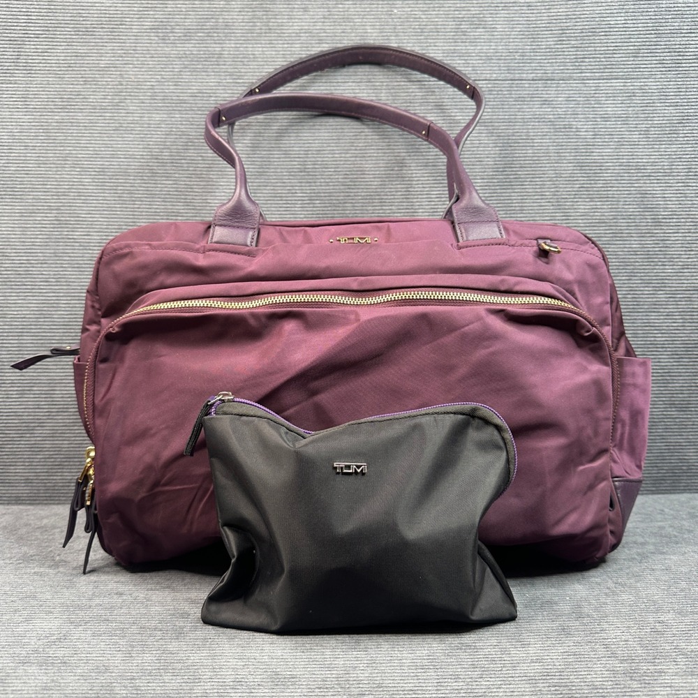 Tumi Voyageur Purple Nylon Tote Bag with Accessory Pouch Plum Gold Hardware Y2K